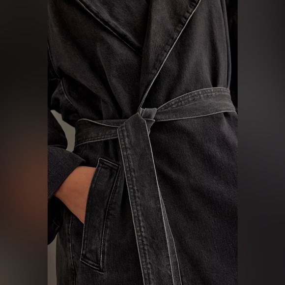 Good American Uniform Tie-Up Pockets Black‎ Wash Denim Trench Coat 2XL/3XL - Picture 4 of 15